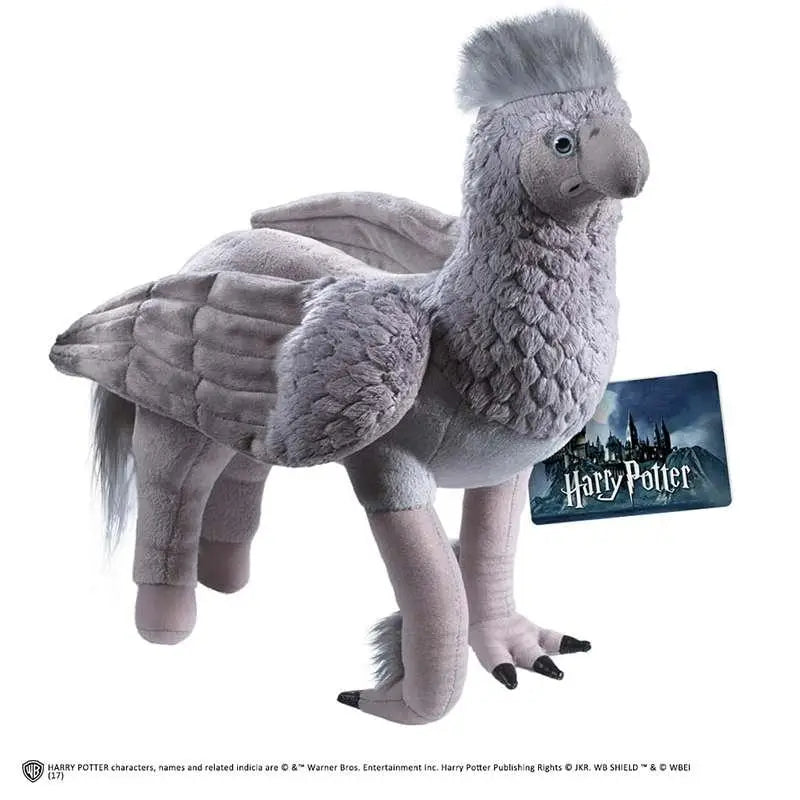 Grå plyschleksak av hippogryfen Buckbeak från Harry Potter med texturerat tyg och svarta klo-tips
