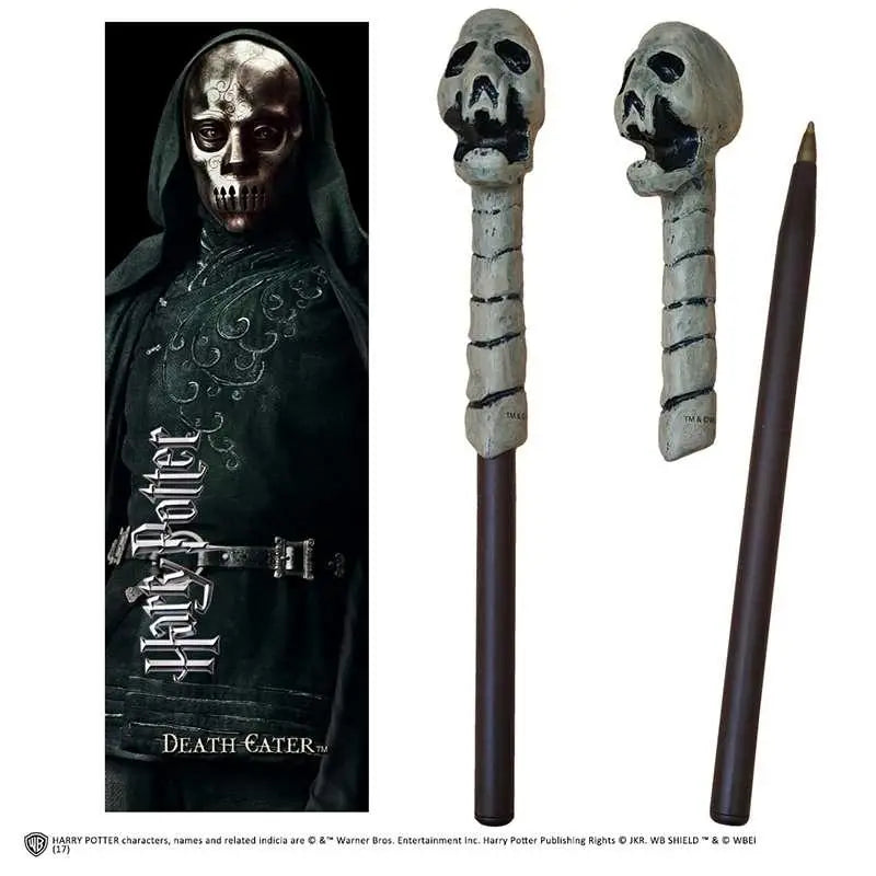 Grå dödskalle-tema penna med benliknande design och brun skaft från Harry Potter Dödsätare