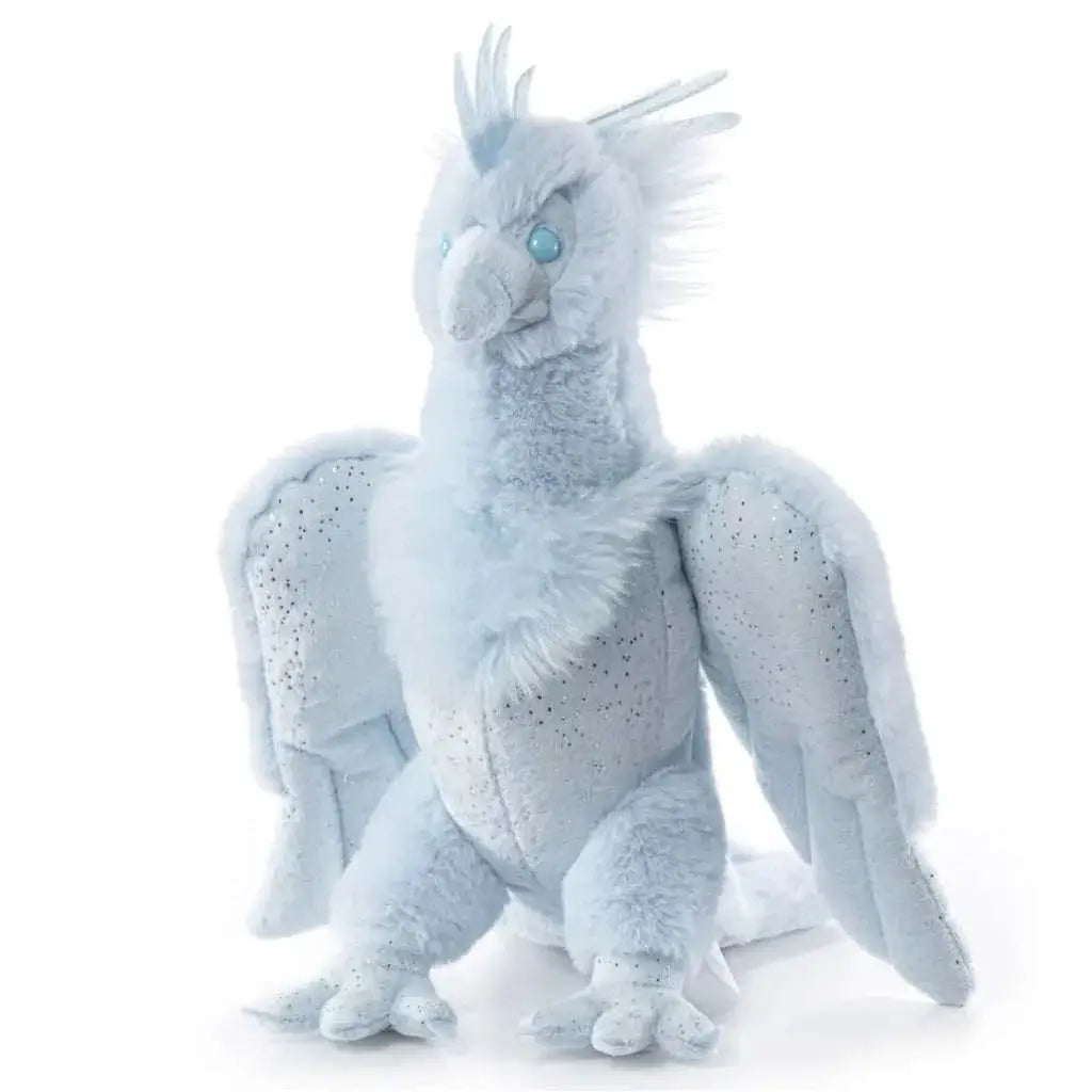 Vit Harry Potter Fenix Patronus plyschgriffin med blå ögon och glitterfläckar