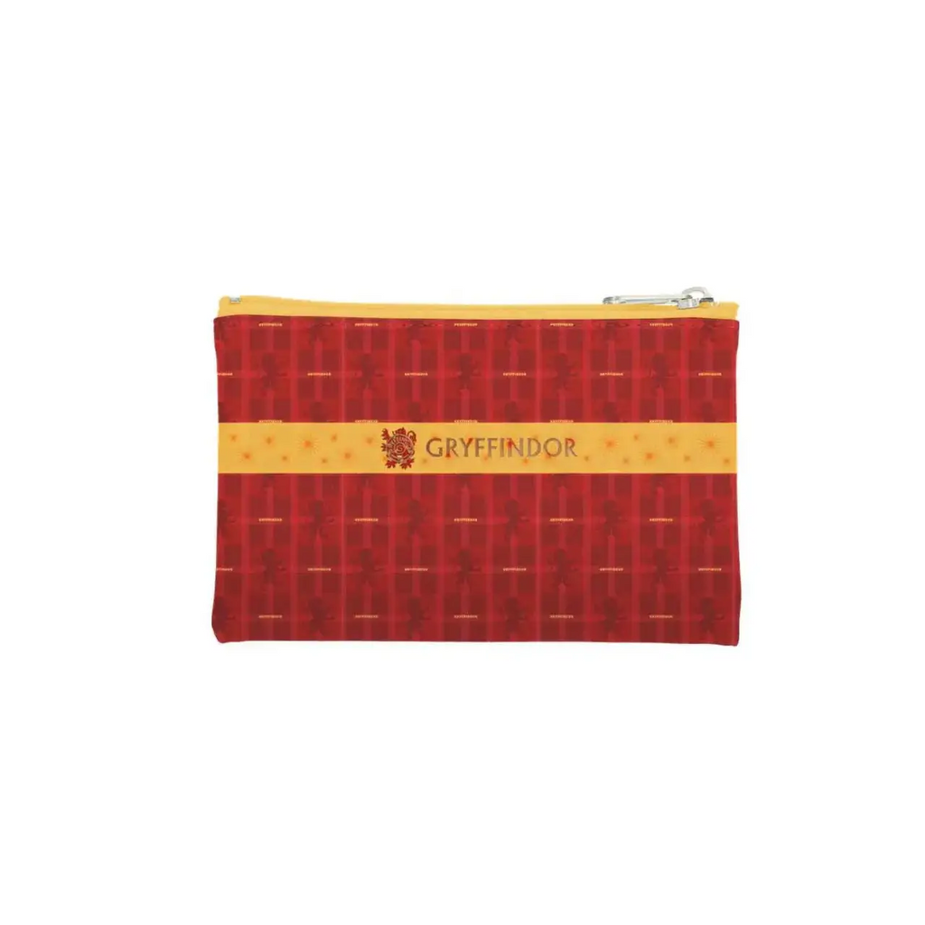 Röd och gul Gryffindor-zipperpouch med vävt mönster och broderad logotyp