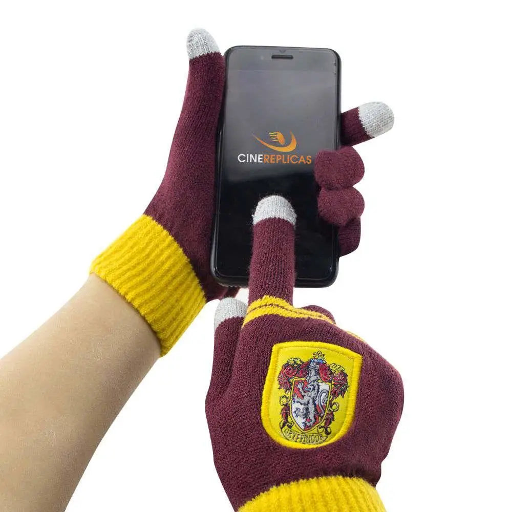 Maroon och gula stickade touchskärmshandskar med Gryffindor-emblem för smartphones