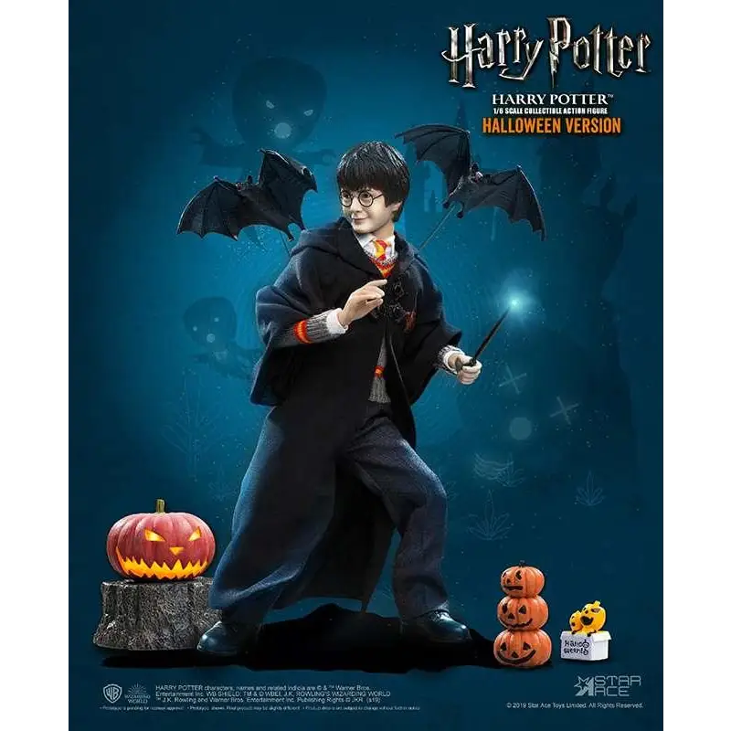 Harry Potter Halloween 1/6-skalans samlarfigur i mörkblå mantel med orange manschetter, trollstav, fladdermöss och pumpor