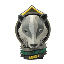 Hufflepuff-vapen samlarfigur med grå-vit grävling, svarta, gröna och gula accenter