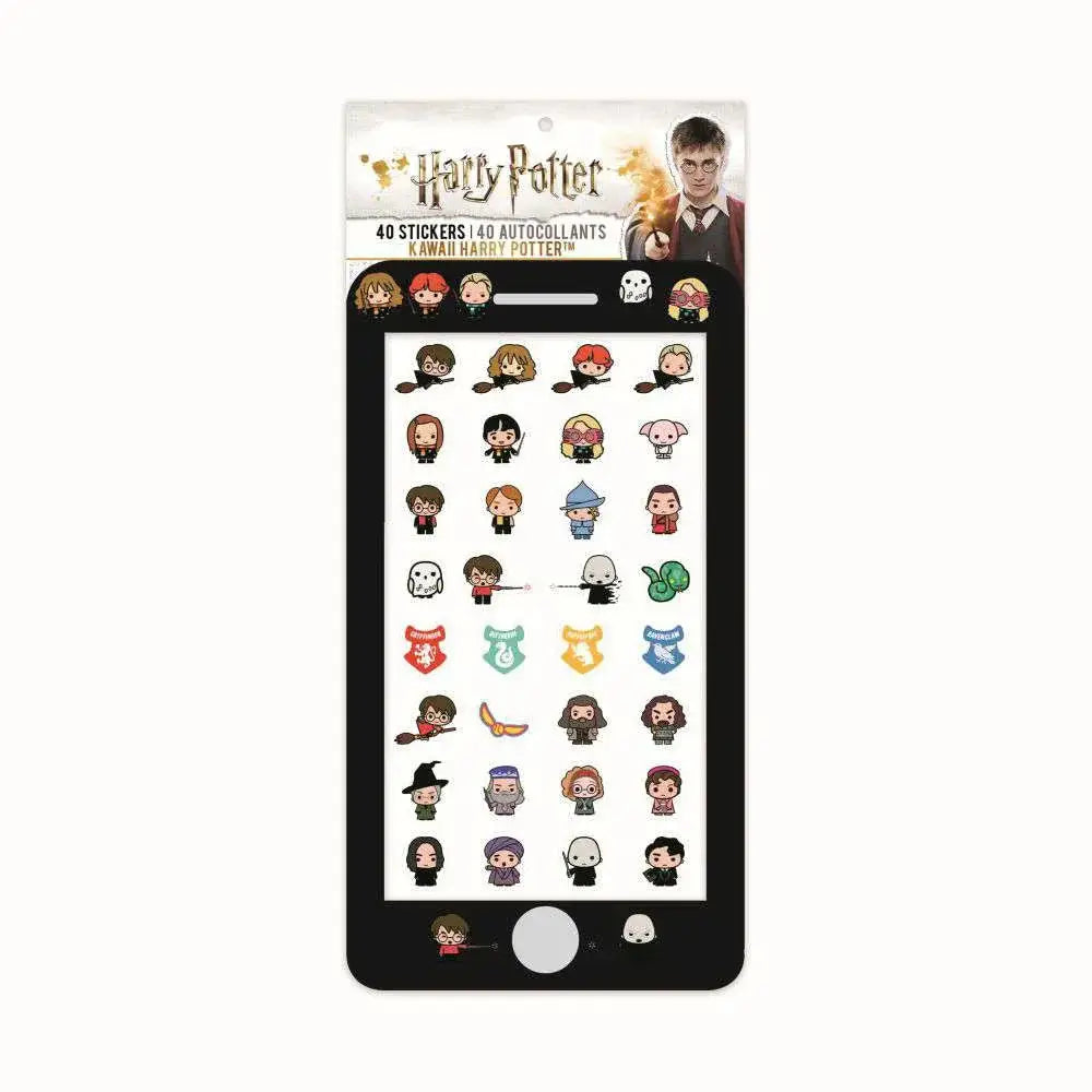 Harry Potter kawaii klistermärken set med 40 chibi-figurer på mobilformad bakgrund