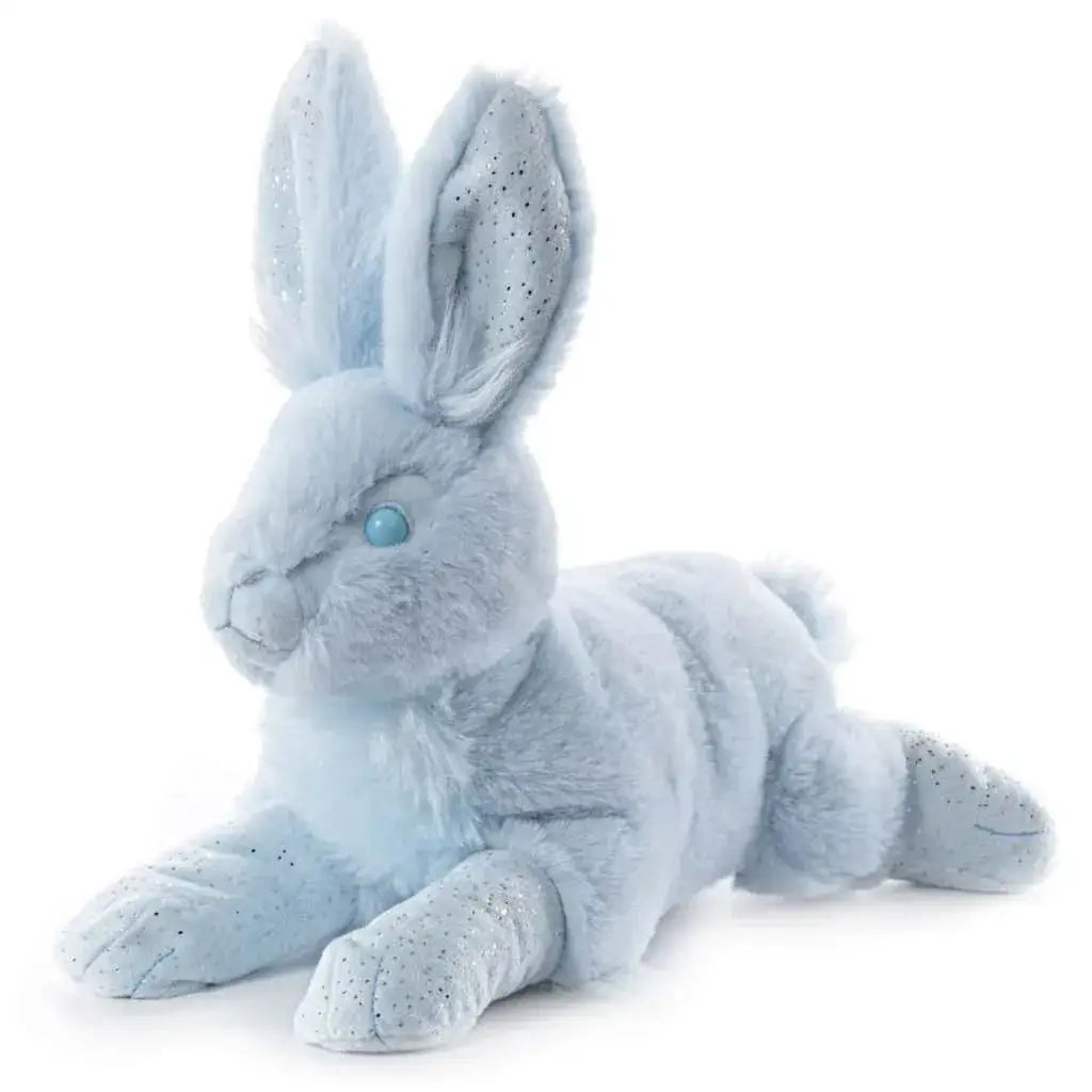 Liten Patronus-plush: mjuk ljusblå hare med glitterfläckar och turkos öga