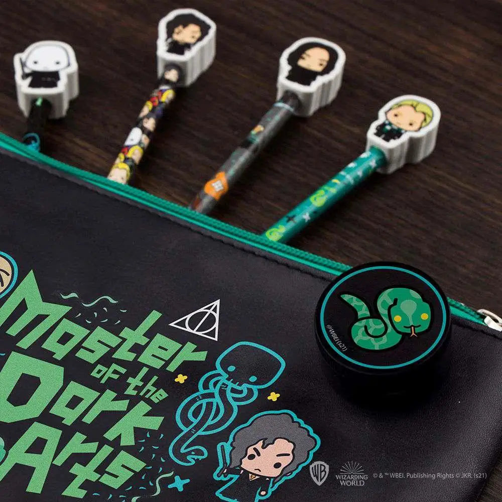 Svart pennskrin med grön dragkedja och Harry Potter Mörka Konstverk design i teal