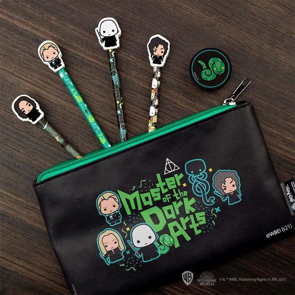 Svart dragkedjepåse med grön kant och chibi Harry Potter-figurer med Mörka konstverk-design