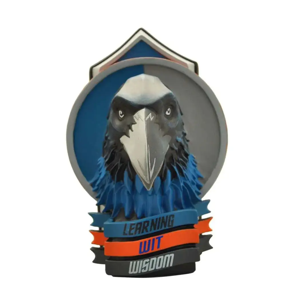 Blå och grå 3D-örn magnet med Ravenclaw-crest och texten Learning with wisdom