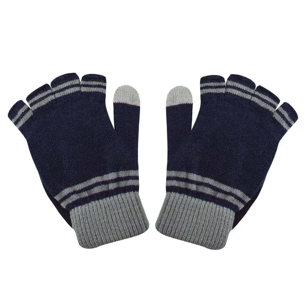 Blå och grå randiga Ravenclaw fingerlösa handskar med touchscreen-fingrar