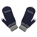 Blå och grå stickade touchskärmsvantar med Ravenclaw i silverbroderi