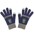 Navyblå och grå stickade touchskärmshandskar med Ravenclaw-vapen på handflatorna