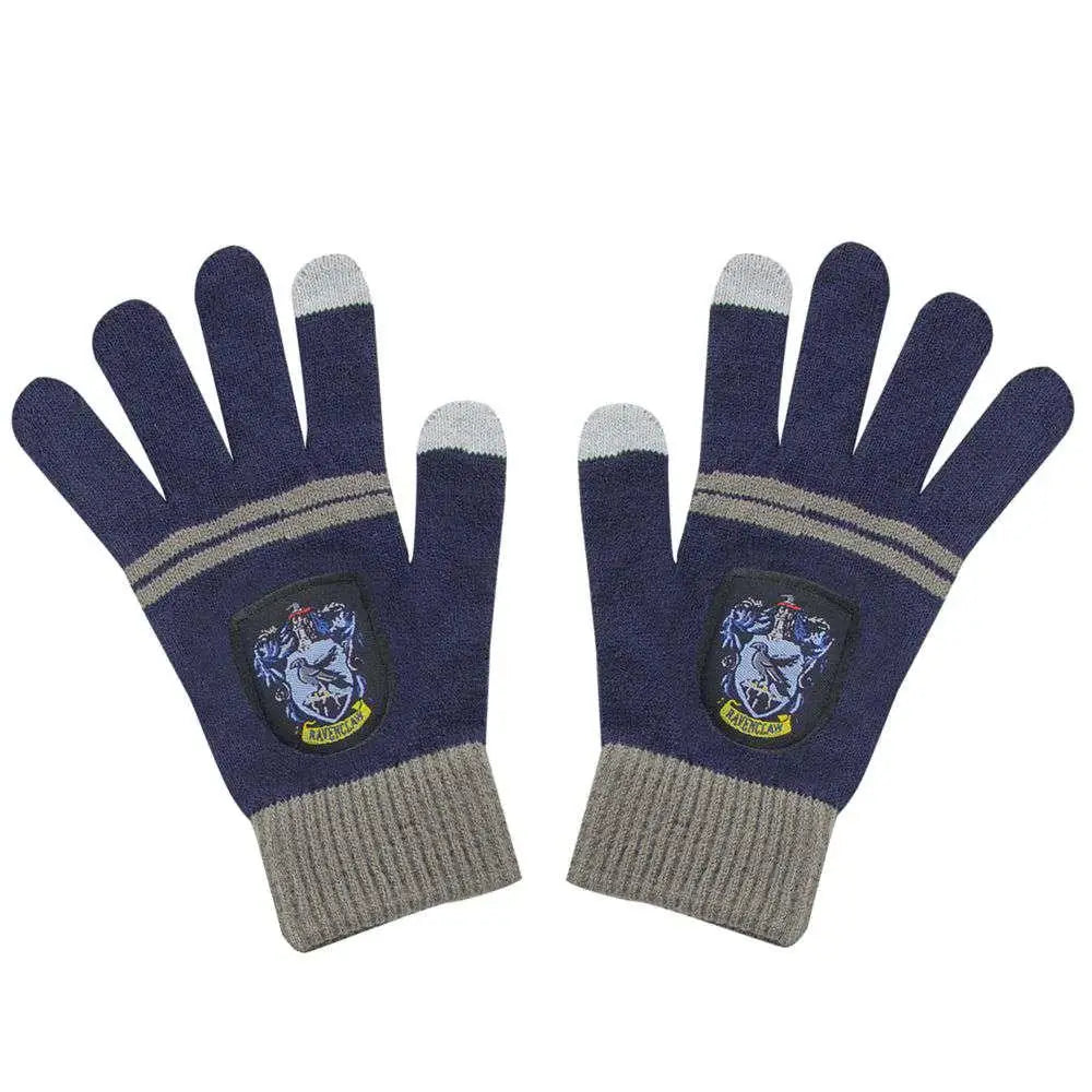 Navyblå och grå stickade touchskärmshandskar med Ravenclaw-vapen på handflatorna