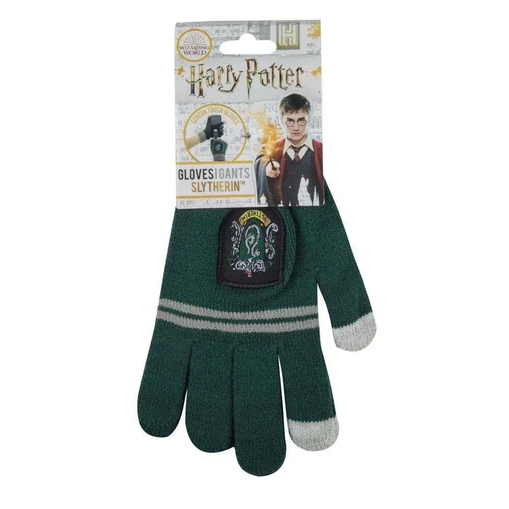 Mörkgröna stickade Slytherin-touchscreen-handskar med silver ränder och svart emblem