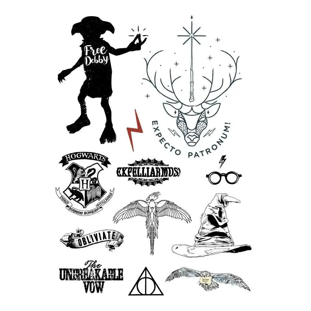 Harry Potter-tatueringsset med svartvita ikoner: Dobby, patronus, Hogwarts-vapen