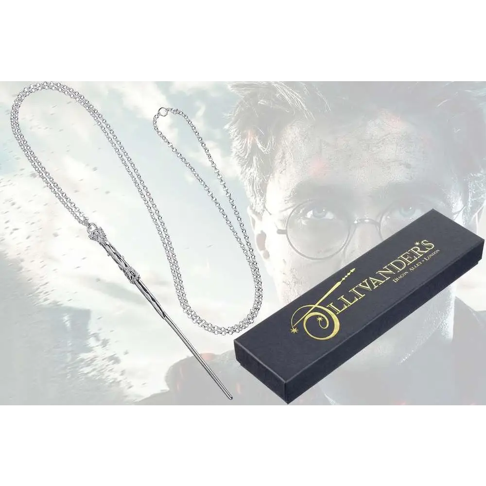 Silvrigt Harry Potter trollstav halsband med ornamenterad design och kedja