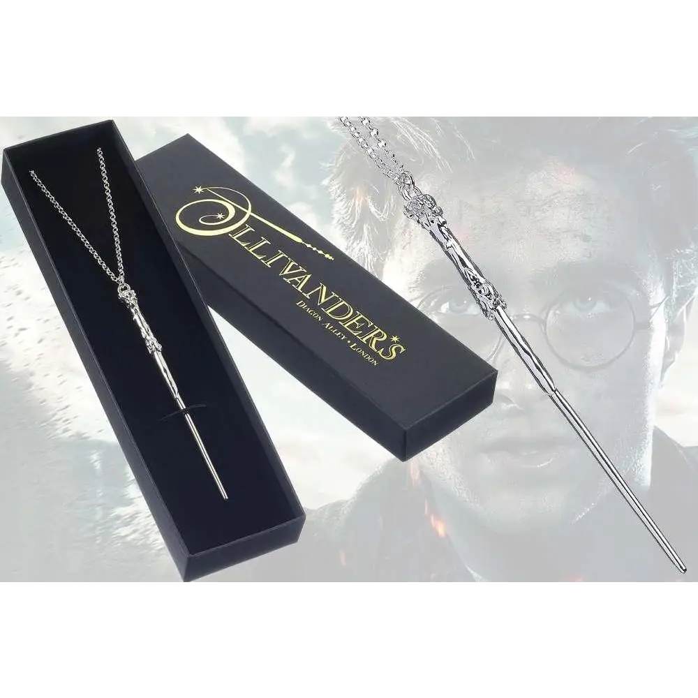 Silvern Harry Potter trollstav halsband med detaljer och kedja i Diagon Alley-box