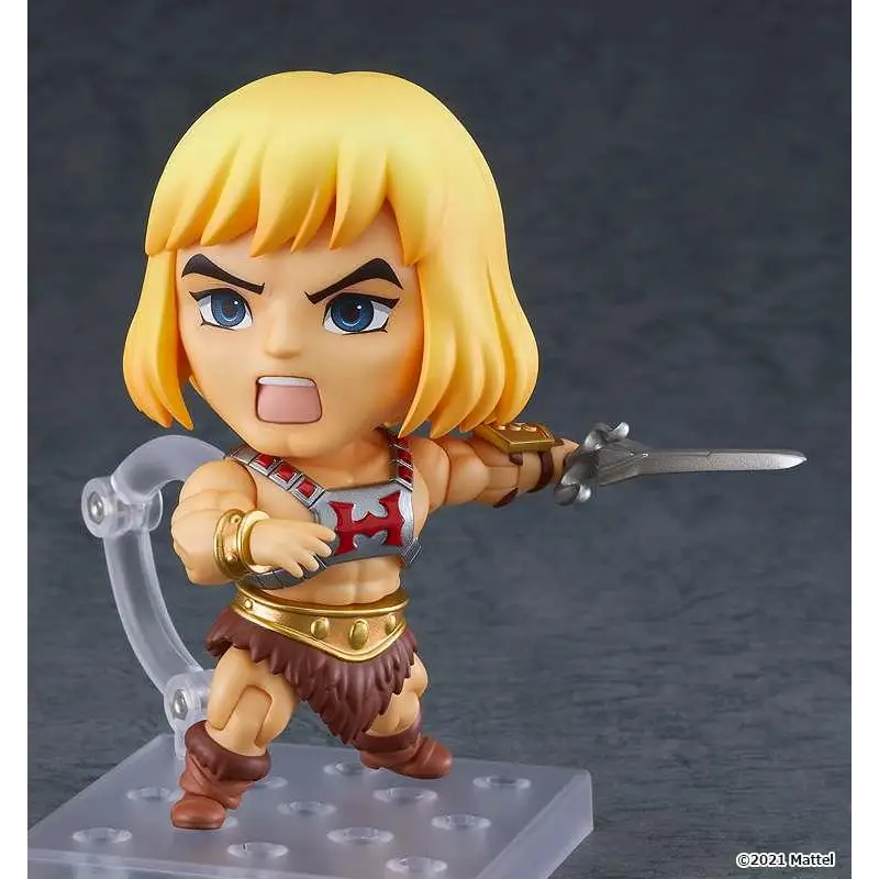 Gyllenhårig chibi He-Man Nendoroid i dynamisk pose med svärd draget