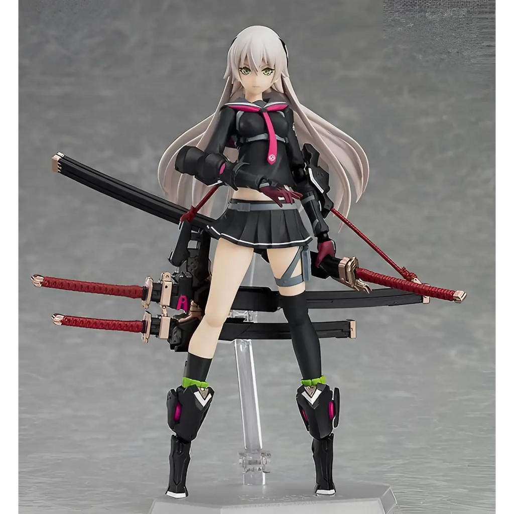 Figma Ichi från Heavily Armed High School Girls, svartrosa animefigur med silverhår i skoluniform