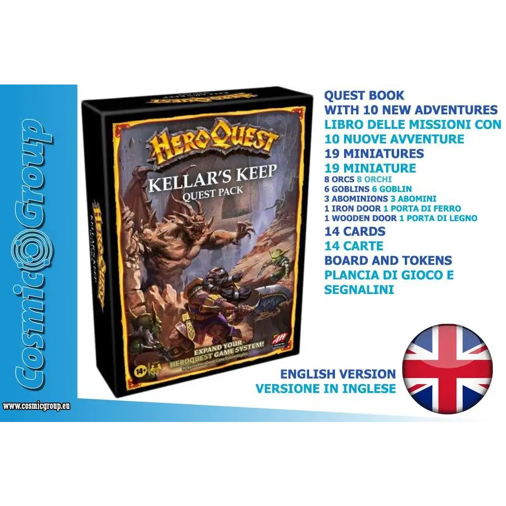 HeroQuest Kellar’s Keep expansionset med svart-guld design och fantasimonster