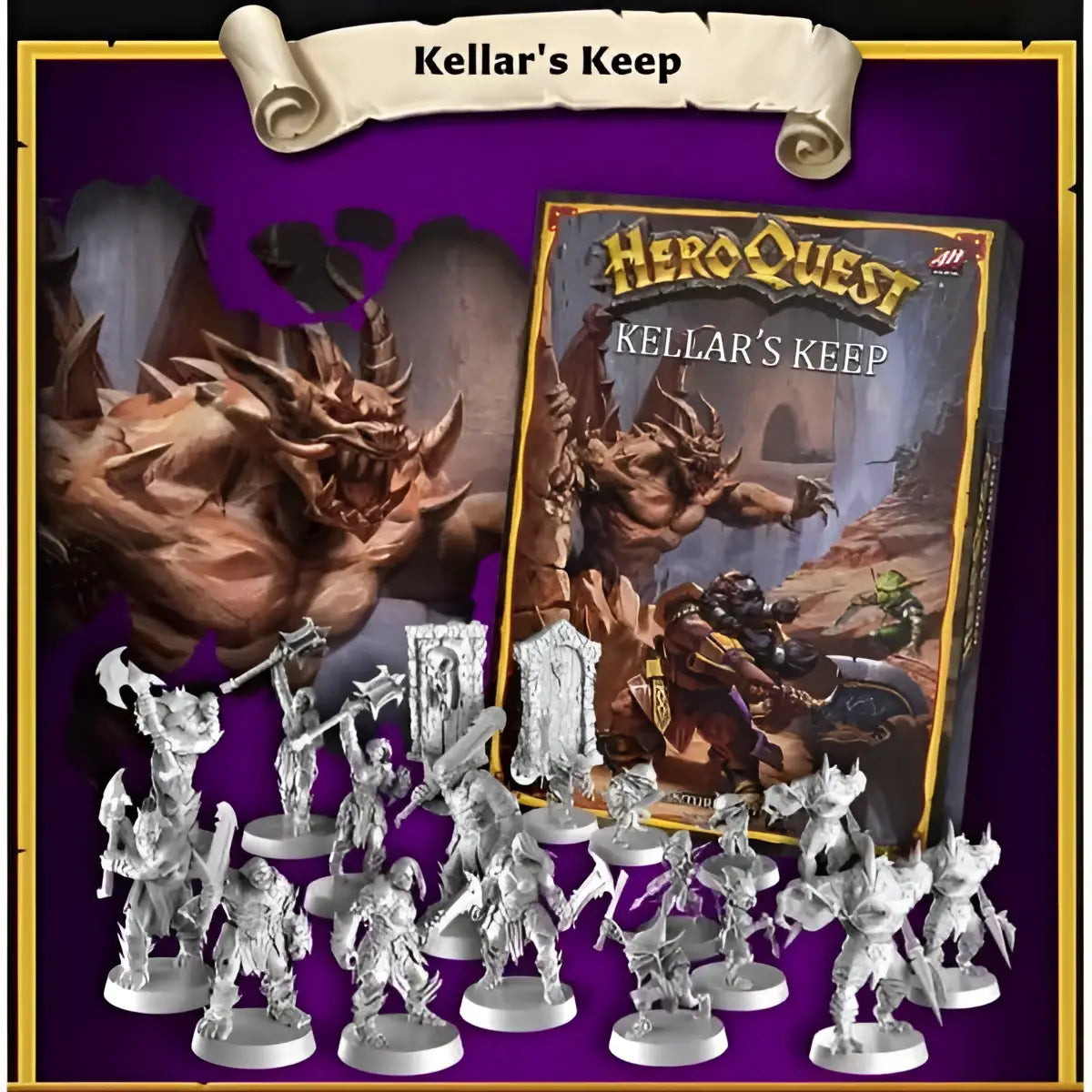HeroQuest Kellar’s Keep expansionset med monster och äventyrare i dungeon