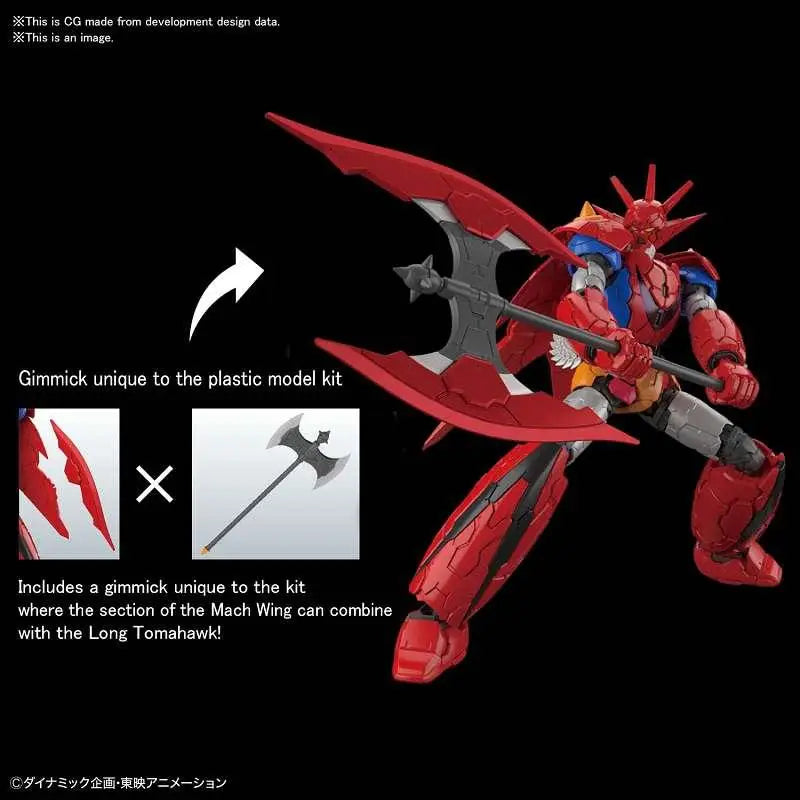 Röd och blå plastrobotfigur med stor yxa och detaljerad rustning, HG Getter Dragon Infinitism 1/144 byggsats