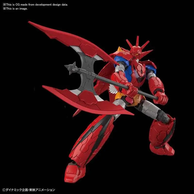 Röd och blå pansrad robotfigur med silverdetaljer, håller stor yxliknande vapen, HG Getter Dragon Infinitism 1/144 byggsats