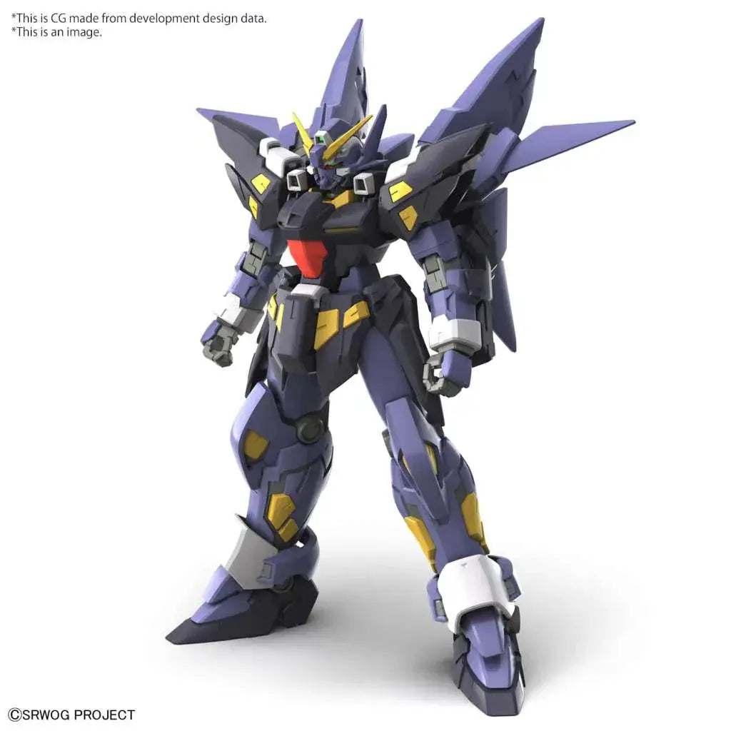 Lila och svart Gundam-modell med gula accenter, HG Huckebein MK II Byggsats