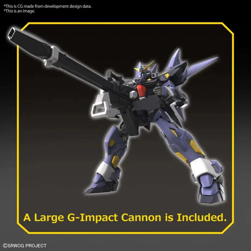 Lila och svart plast Gundam-modell med gula accenter, håller stor G-Impact-kanon, HG Huckebein MK II Byggsats