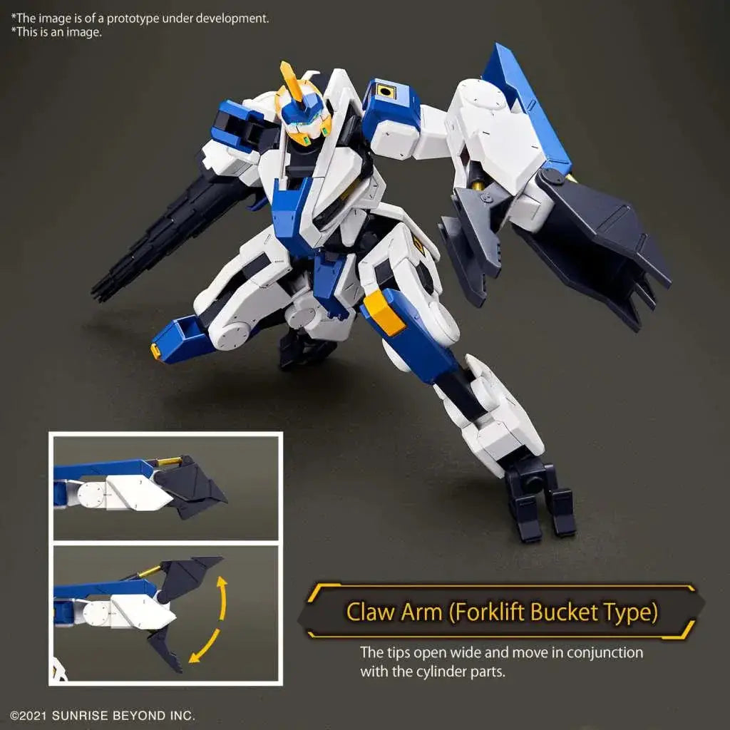 Vit plastrobotmodell i vitt och blått med gula accenter, Hg Mailes Byakuchi Drill & Claw Arm 1/72