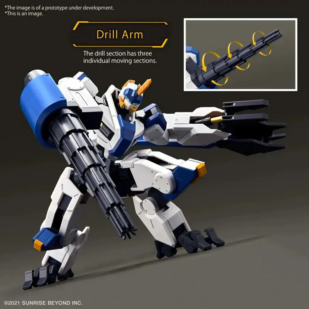 Blå och vit HG Mailes Byakuchi Gundam-modell med borrarm i 1/72-skala