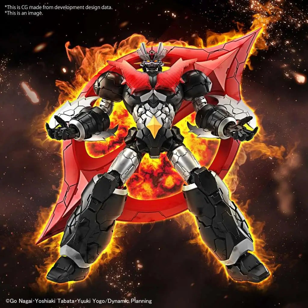 Svart och röd pansrad robot med silverleder och dramatisk flamdesign, Hg Mazinger Zero Infinitism 1/144