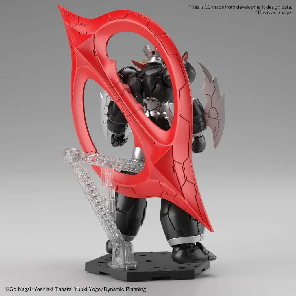 Svart och silverfärgad robotfigur med röda vinkelformade vingar från HG Mazinger Zero Infinitism 1/144