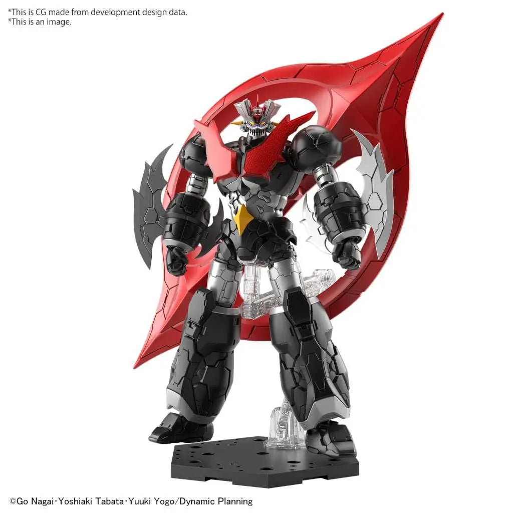 Svart och röd pansrad robotfigur med silverdetaljer, gul bröstplatta, Hg Mazinger Zero Infinitism 1/144