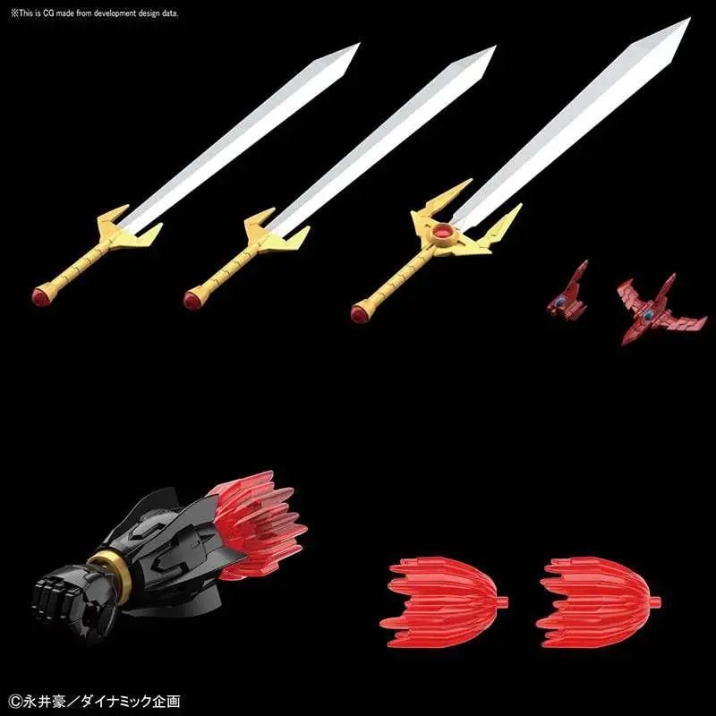 Tre silverbladiga svärd med guldhjälmar och röda knappar, en med central ädelsten, i Hg Mazinkaiser Infinitism 1/144 Byggsats