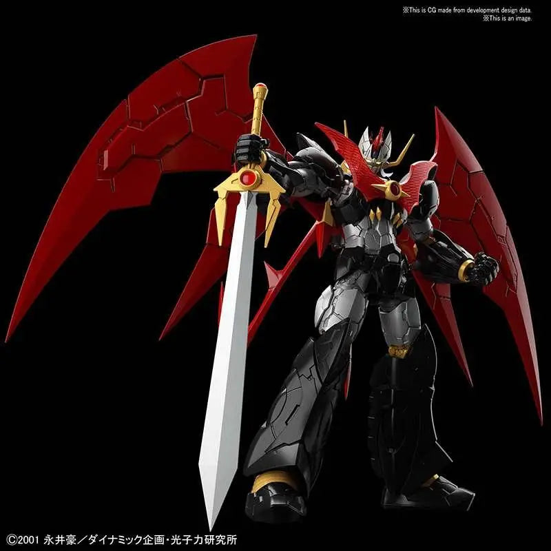 Röd och svart pansrad robot med gulddetaljer, håller silver svärd med guldskaft, HG Mazinkaiser Infinitism 1/144 byggsats