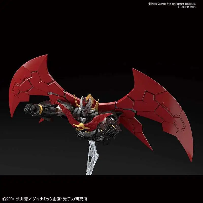 Röd och svart pansrad robot med gulddetaljer och stora vingliknande bihang från HG Mazinkaiser Infinitism 1/144 byggsats