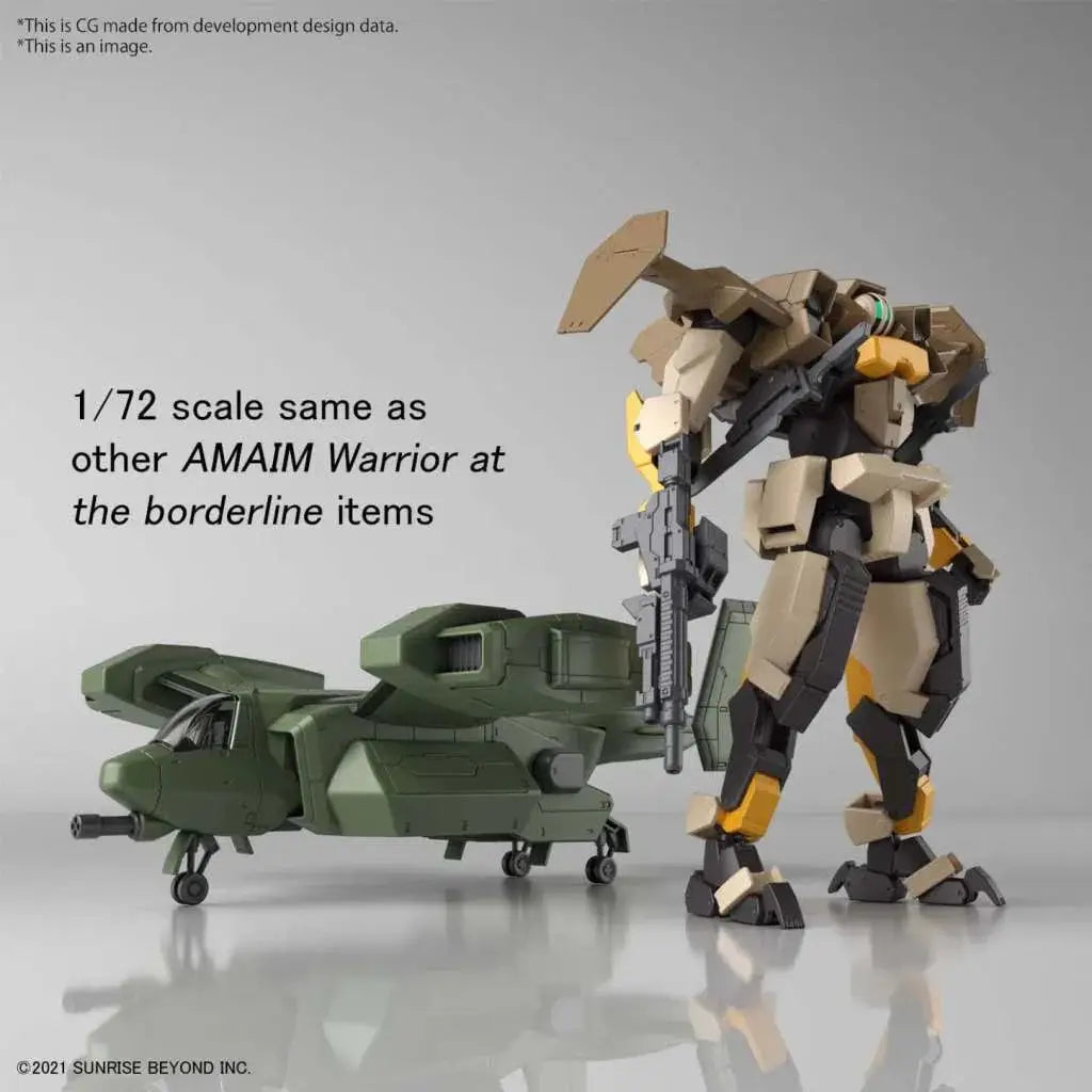 Hg Stork Carrier V-33 1/72: Tan och svart pansrad robot med gula accenter, håller gevär