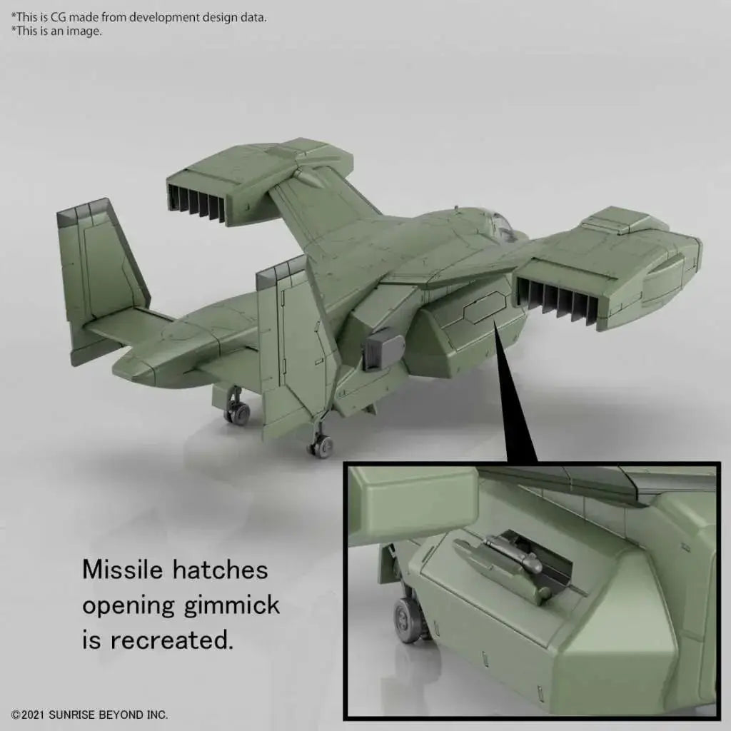 Olivgrön plastmodell av futuristiskt militärflygplan med ledade missilfack, Hg Stork Carrier V-33 1/72