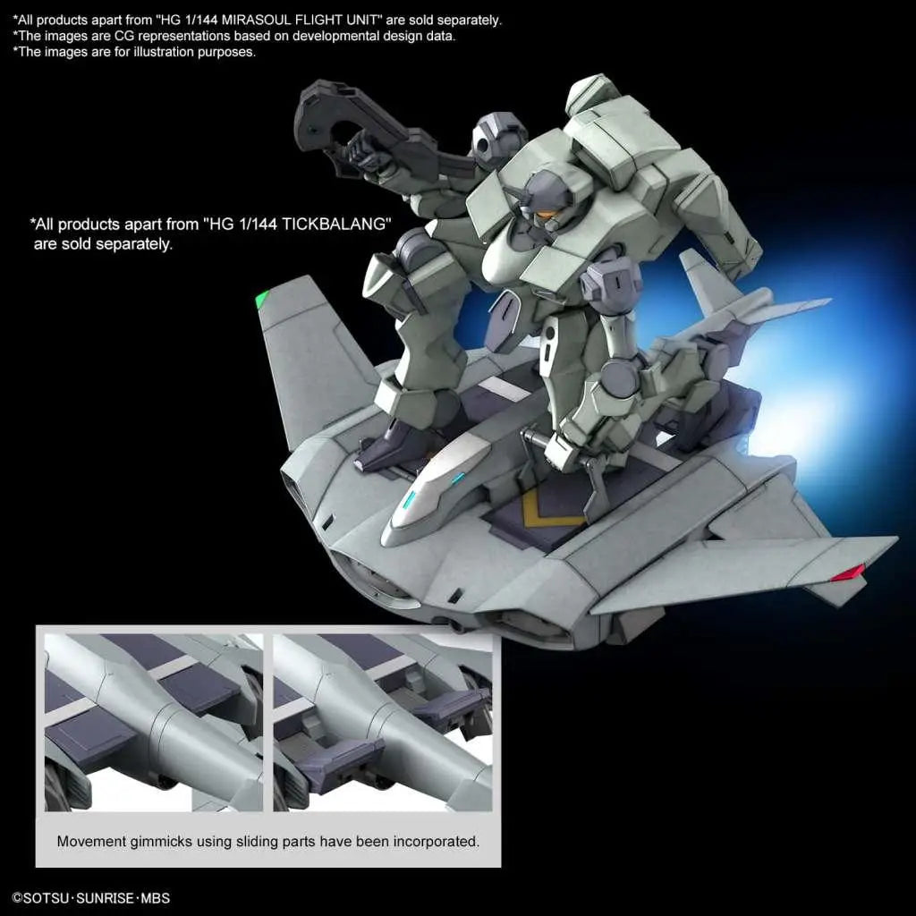 Grå och vit plastmodell av Gundam-liknande mecha på flygplan med rullande delar, HG Tickbalang 1/144 byggsats