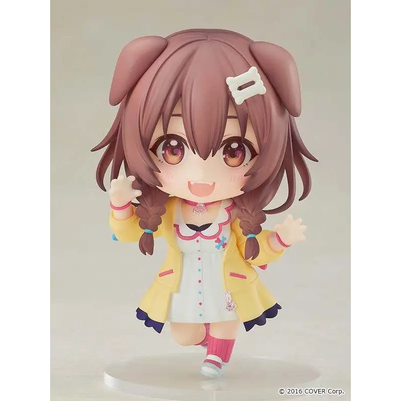 Chibi Nendoroid-figur av Hololive Korone i gul kappa