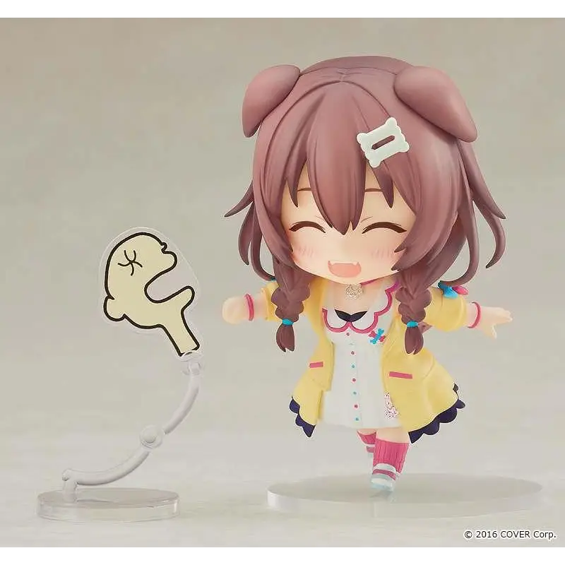 Chibi Nendoroid-figur av leende Inugami Korone med rosa hår och kaninöron
