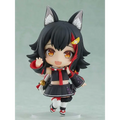 Svart och röd chibi-figur av Ookami Mio Nendoroid från Hololive, i skoluniform med stjärnor
