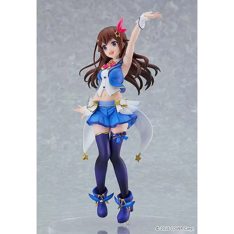 Blå och vit Hololive Tokino Sora anime-figur i skoluniform med stjärndetaljer, lårhöga strumpor och blå stövlar