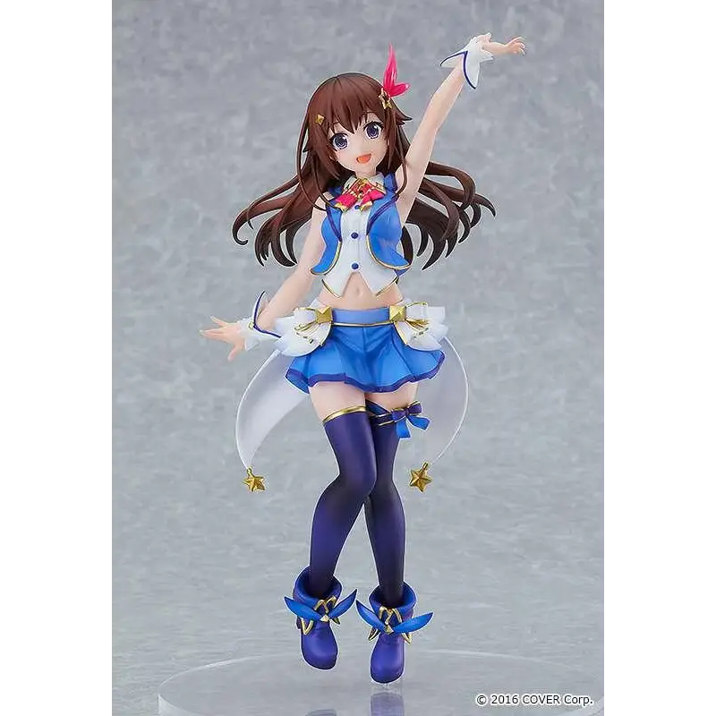 Blå och vit Hololive Tokino Sora animefigur med brunt hår och guldaccenter