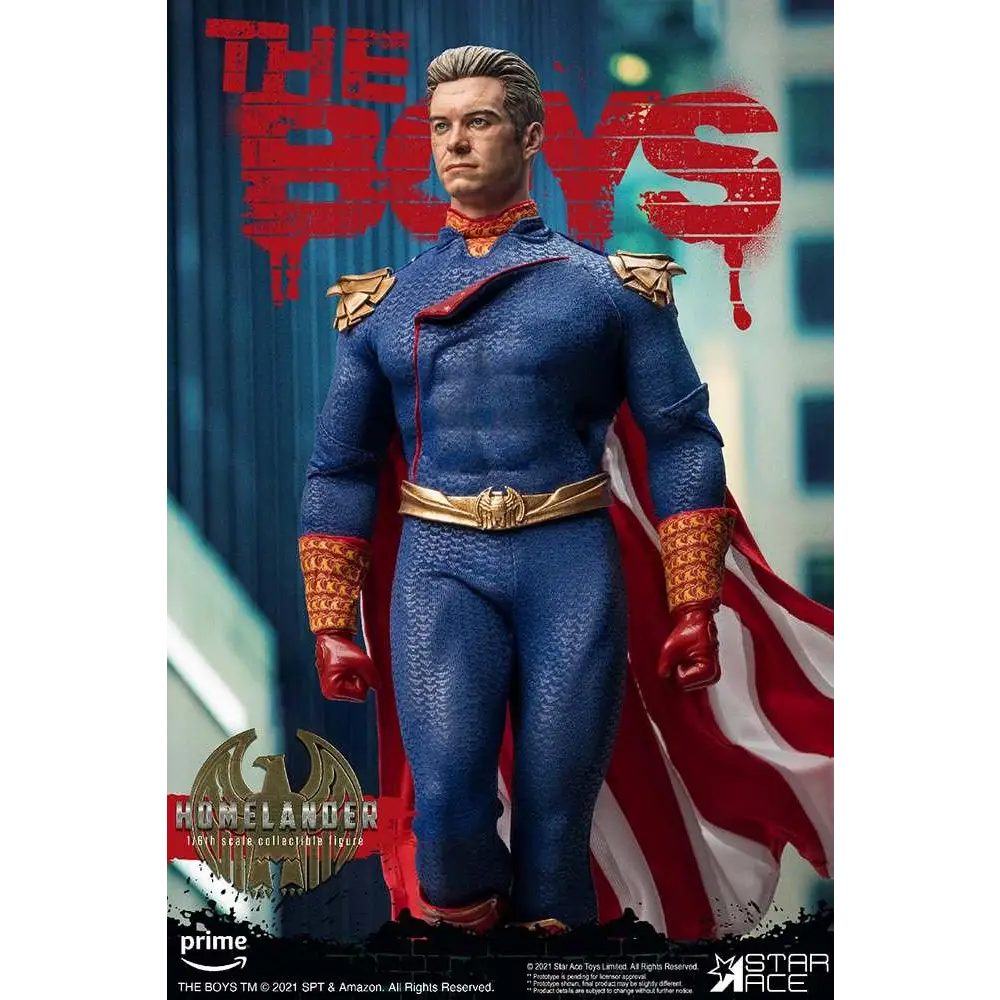 Homelander 1/6-figur från The Boys i blå rustning med guldaxlar, röd-vit mantel och matchande handskar