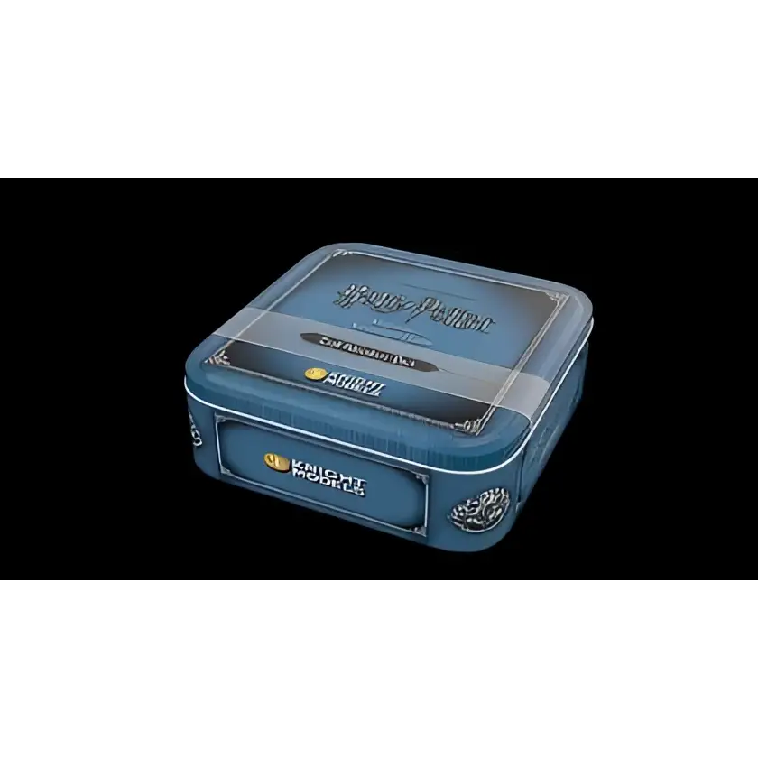 Blå metallisk Harry Potter-insamlingsburk med guldpräglad text och silverblixtlås i Hpmag Troll Adventure Pack