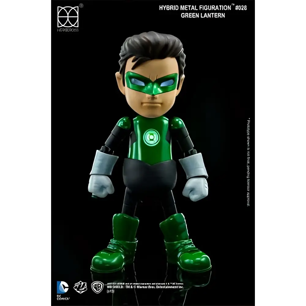 Grön lykta-actionfigur i glansig grön och svart dräkt med vita handskar och ikonisk lysande grön mask