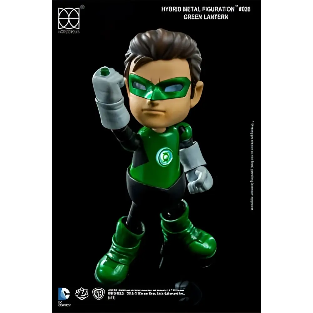 Grön lykta Hybrid Metal Figuration-actionfigur i grön och svart dräkt med silverhandskar och stövlar samt grön mask