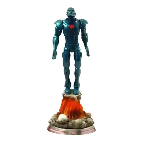 Blå metallisk Iron Man Stealth Armor-figur med röda accenter på flammande bas