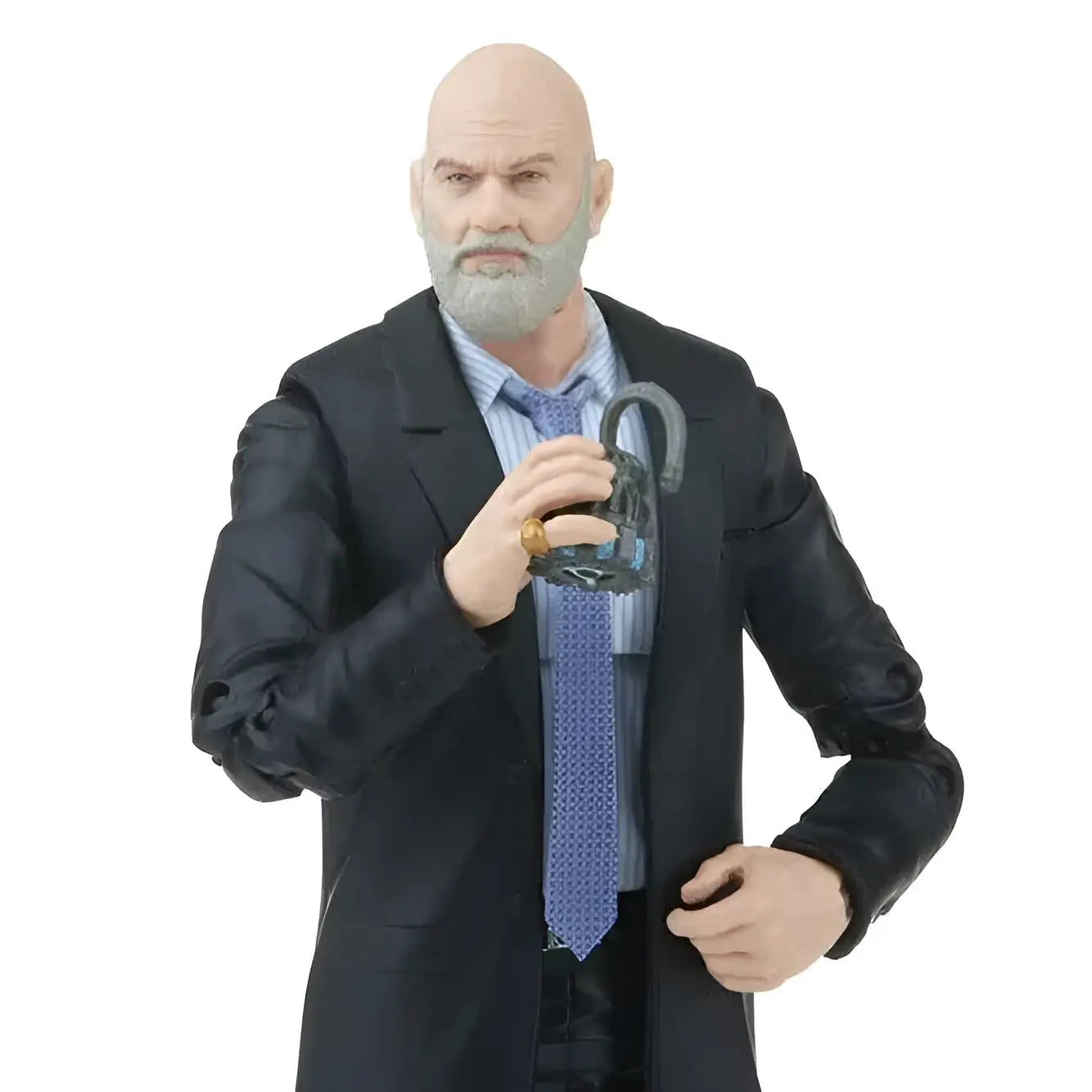 Iron Monger Obadiah Stane Marvel Legends actionfigur med svart kostym, grått skägg, blå mönstrad slips och transparent lås